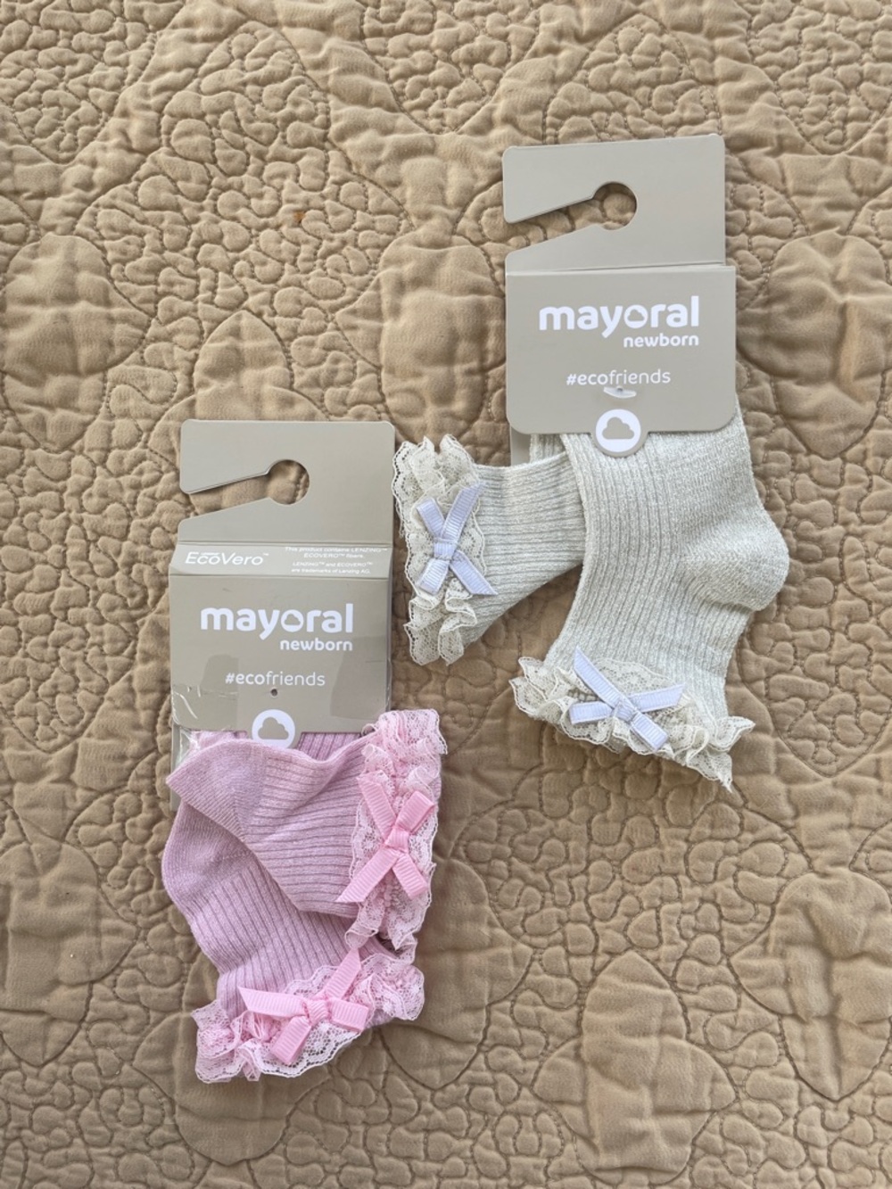 Mayoral Newborn Pink and Cream Ruffle Trim Socks (2-Pack) 12M